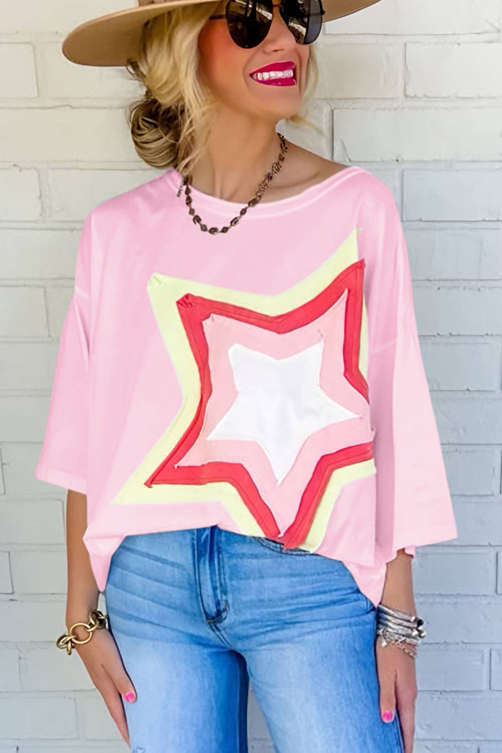 Lovesoft - Colorblock Star Patched Half Sleeve Oversized Tee
