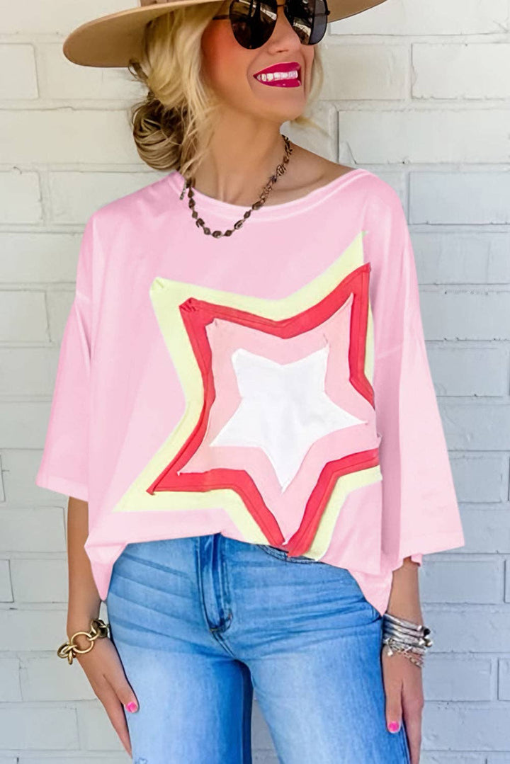 Lovesoft - Colorblock Star Patched Half Sleeve Oversized Tee