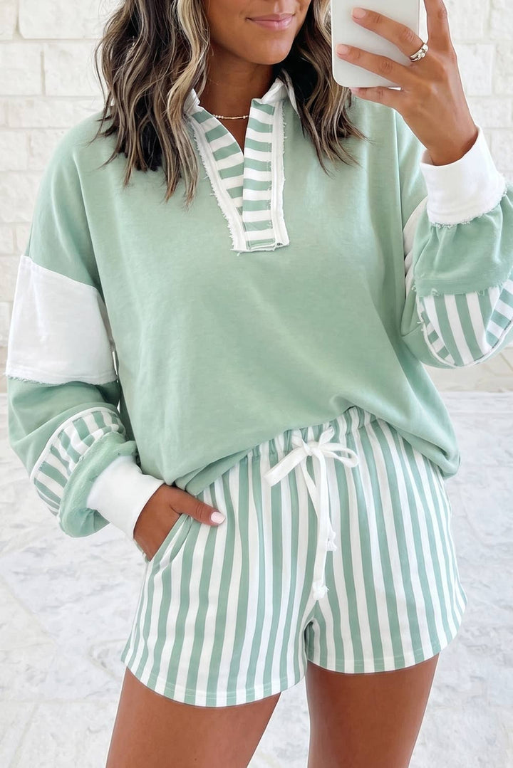 Striped Colorblock Patchwork Collar Sweatshirt &amp; Shorts Set