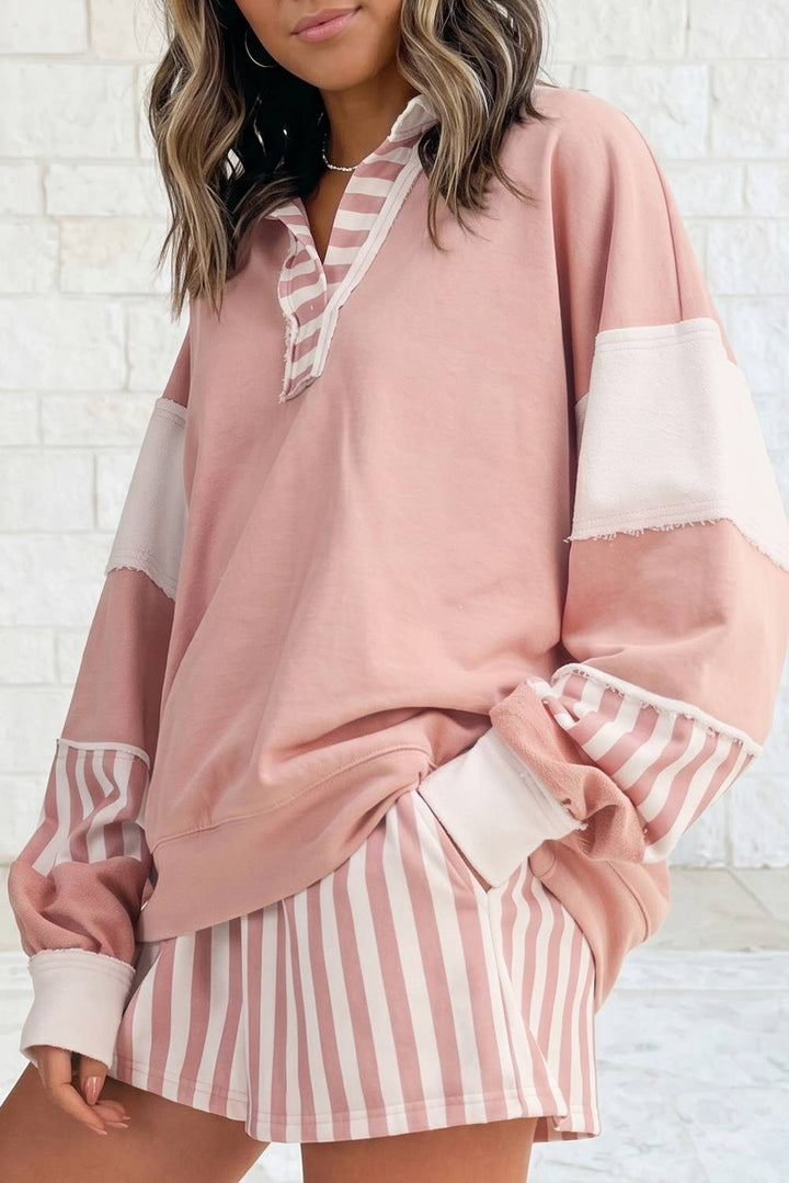 Striped Colorblock Patchwork Collar Sweatshirt &amp; Shorts Set