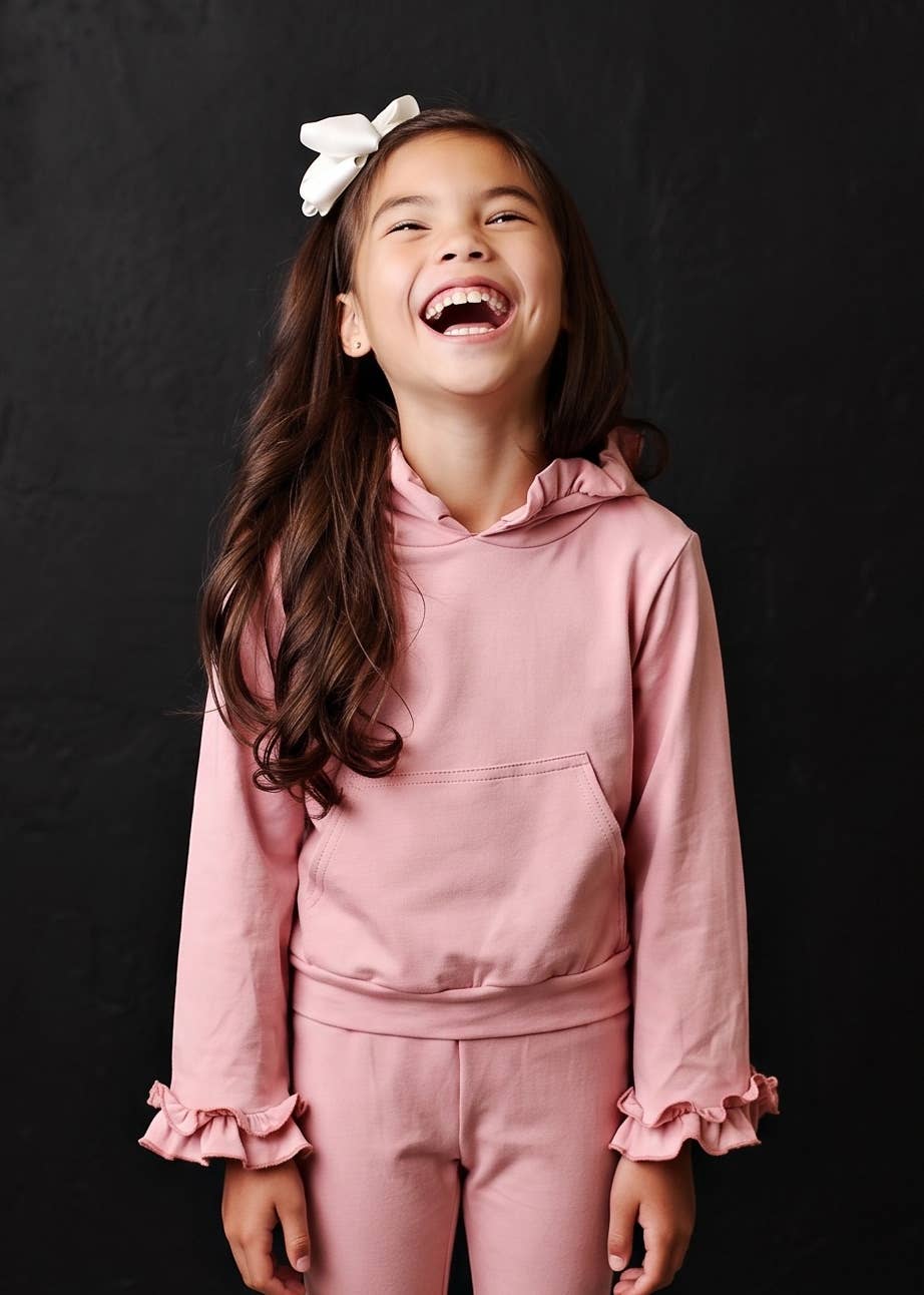 Kids Dusty Pink Hooded Ruffle Pocket Fall Winter Lounge Set