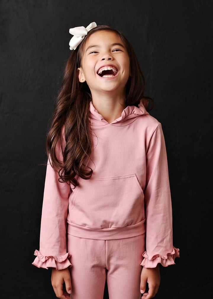 Kids Dusty Pink Hooded Ruffle Pocket Fall Winter Lounge Set