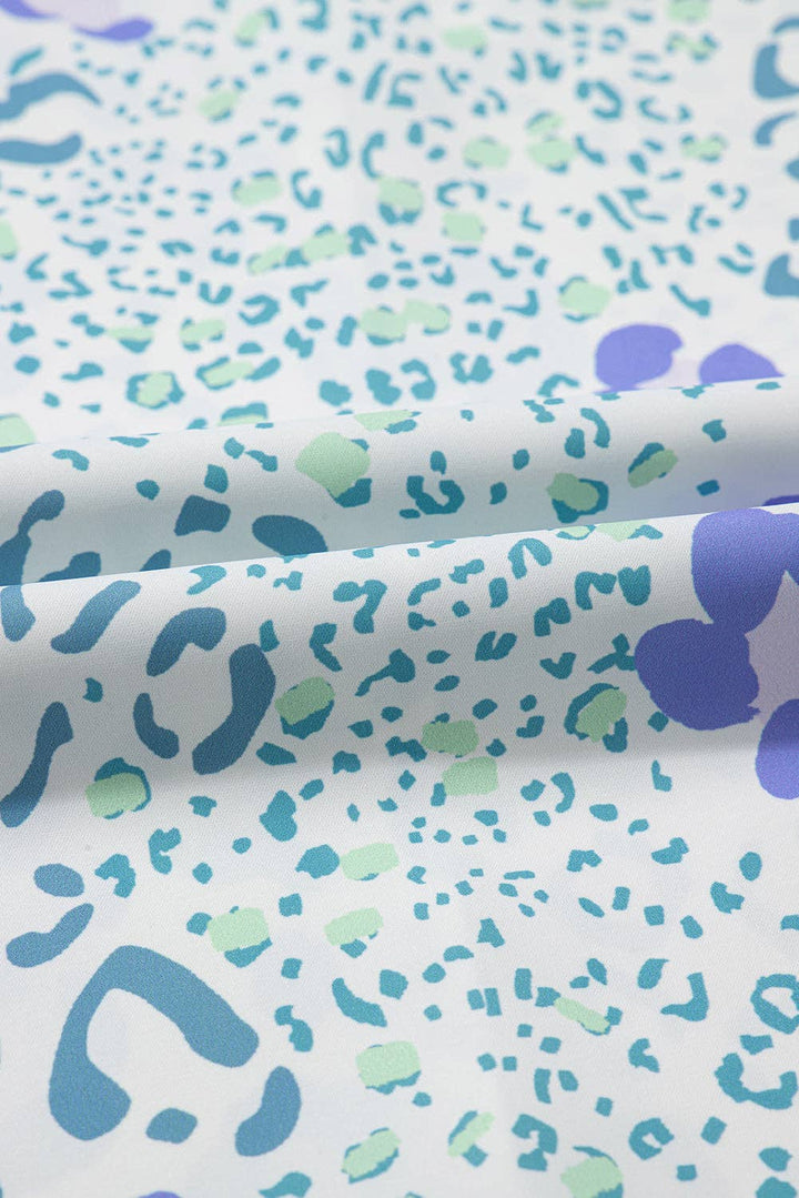 Lovesoft - Sky Blue Mixed Leopard Print V Neck Short Sleeve Blouse