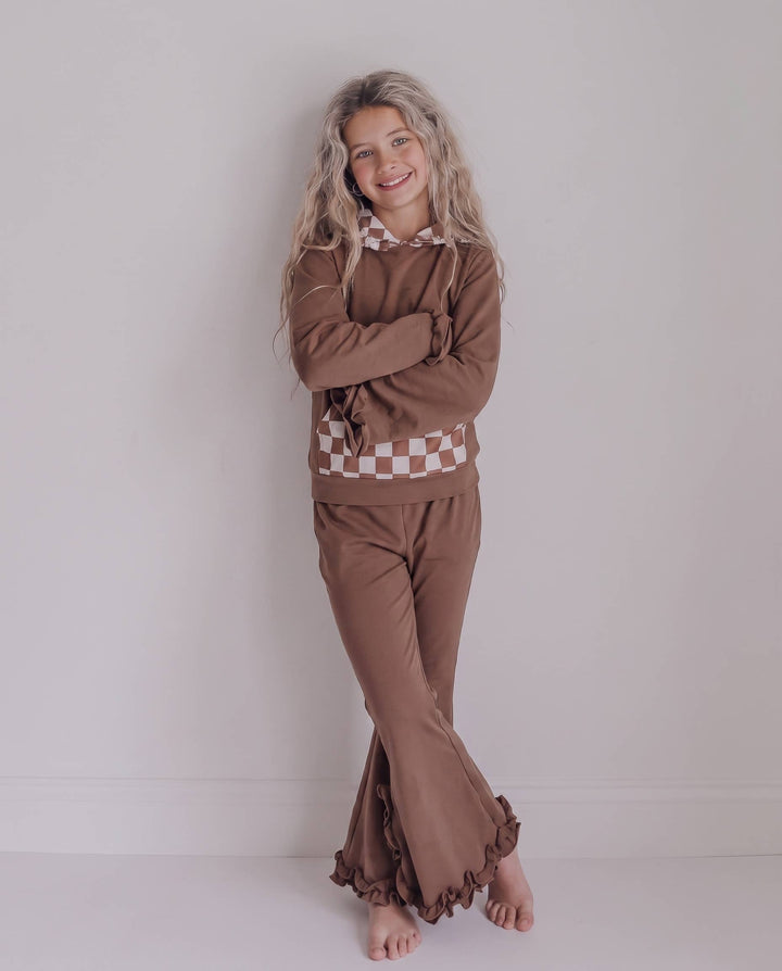 Kids Chocolate Checkered Hooded Ruffle Pocket Lounge Set