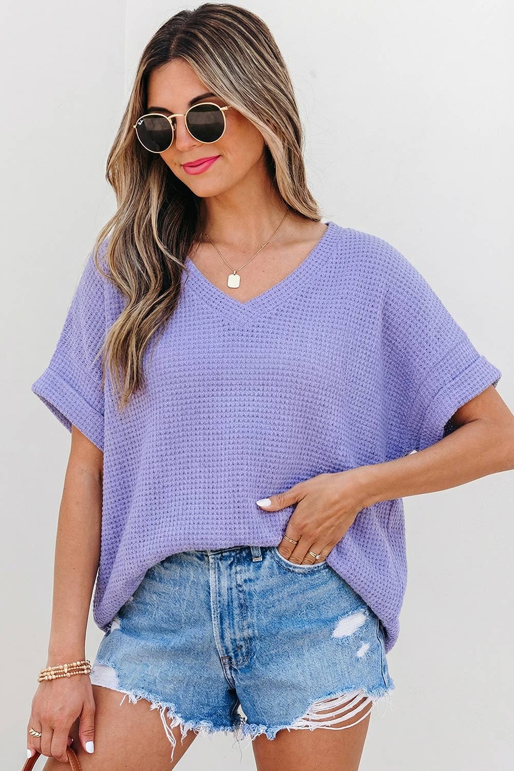 Aapparella - Waffle Texture V Neck Short Sleeve Knit Top | S-XL