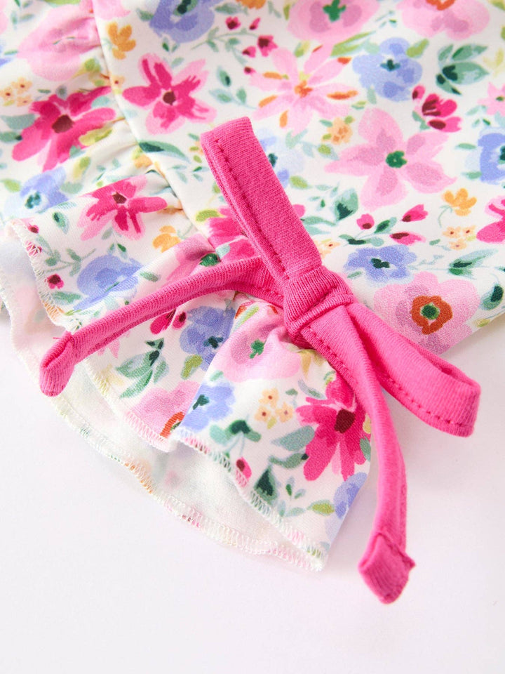 Girls Floral Bow Applique Top Ruffle Shorts Set