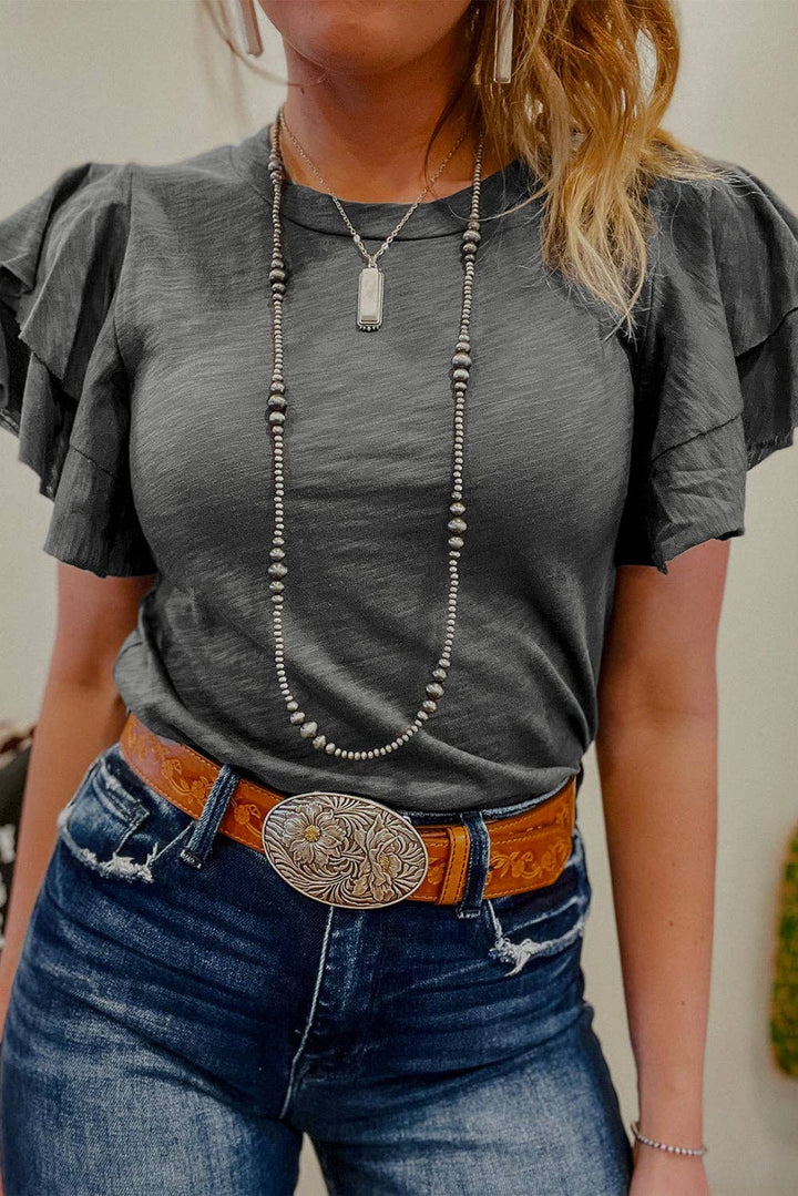 - Dark Grey Ruffle Sleeve Tee Casual Summer Top