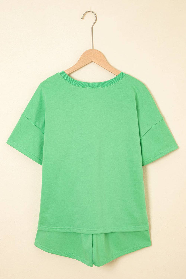 Green V Neck Lounge Set Drawstring Shorts 2 Piece