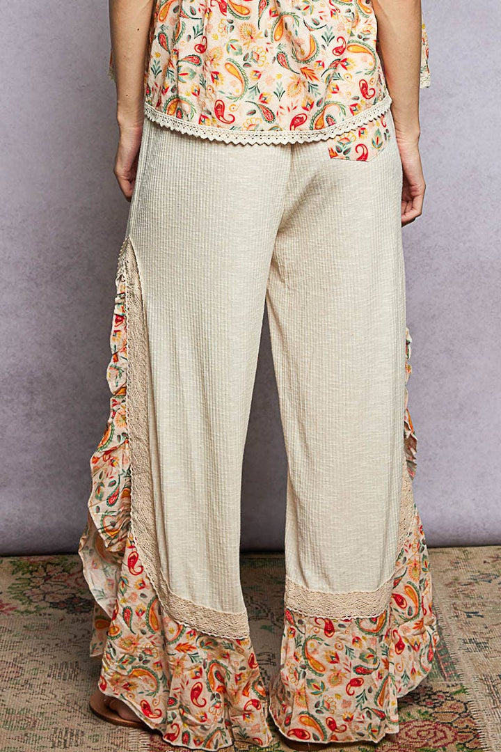 Pol Clothing - Floral Pattern Ruffle Detail Ribbed Knit Pants
