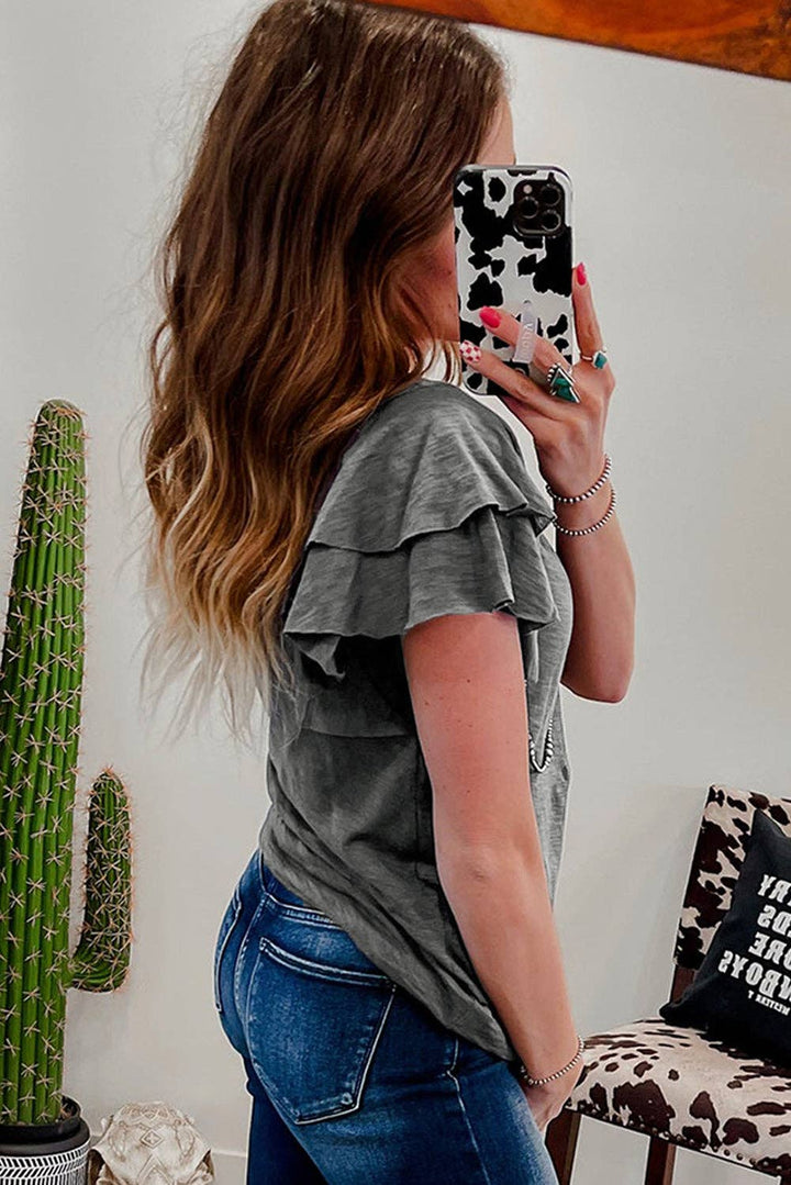 - Dark Grey Ruffle Sleeve Tee Casual Summer Top