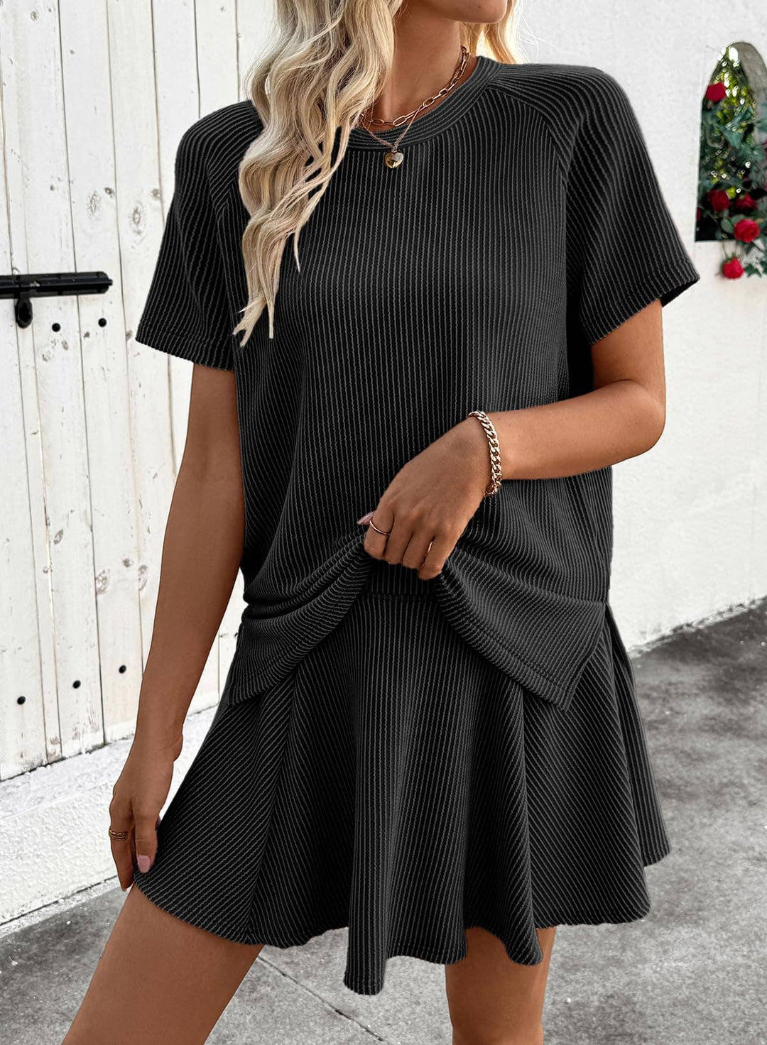 Ribbed Knit Skort Set Short Sleeve Top 2 Piece Outfit