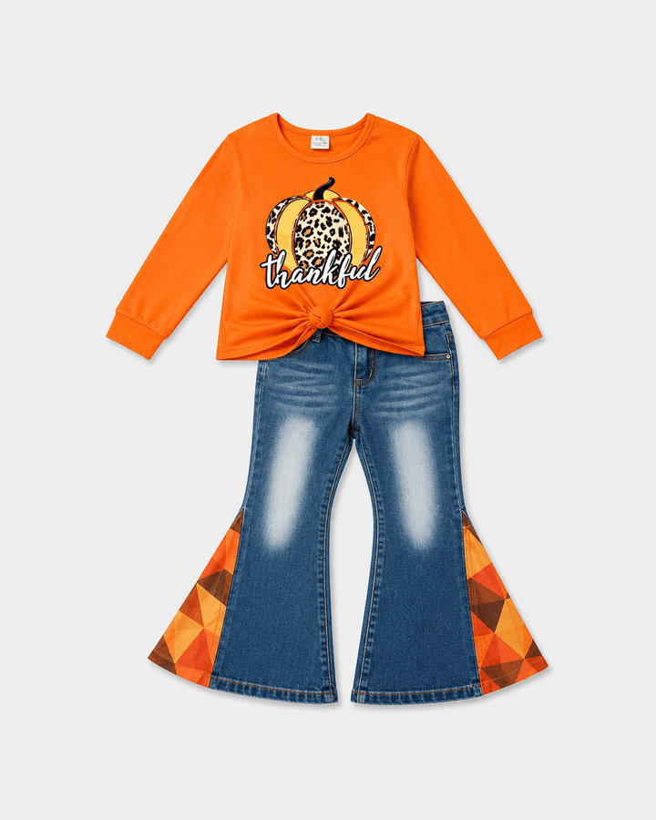 ILTEX Apparel - Thankful Orange Pumpkin Denim Outfit Kids