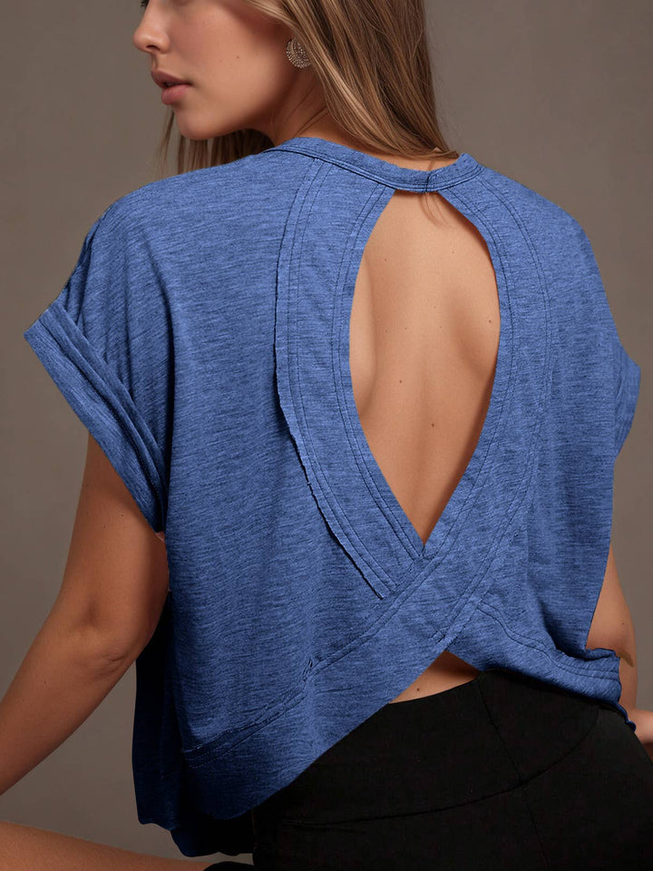 Wrapped Cutout Back Slouchy Tee Workout Shirt In Solid