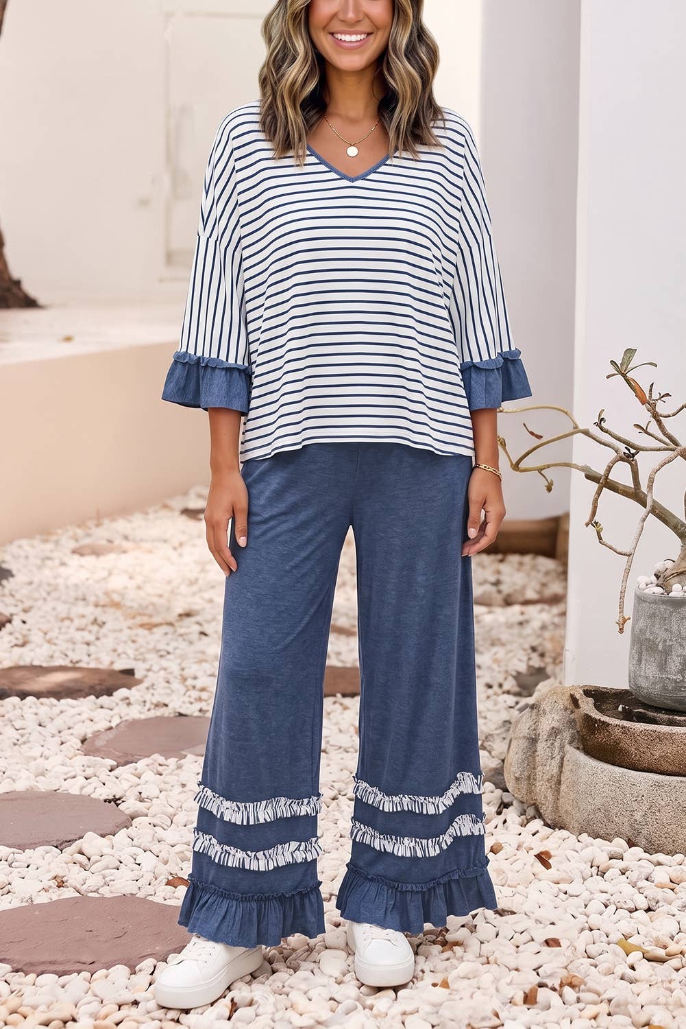 Little Daisy Closet - LDC Stripe Ruffle Contrast Sleeve Drawstring Pants 2pcs Set