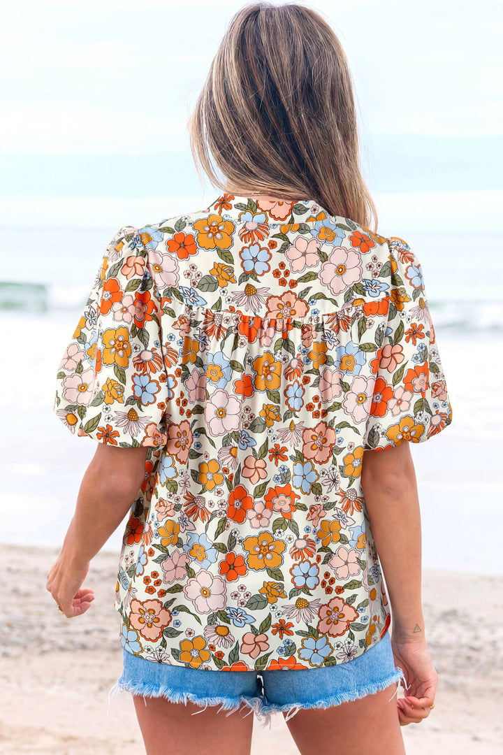 66DISCO - Crochet V Neckline Puff Sleeve Boho Flower Blouse (S-XL)