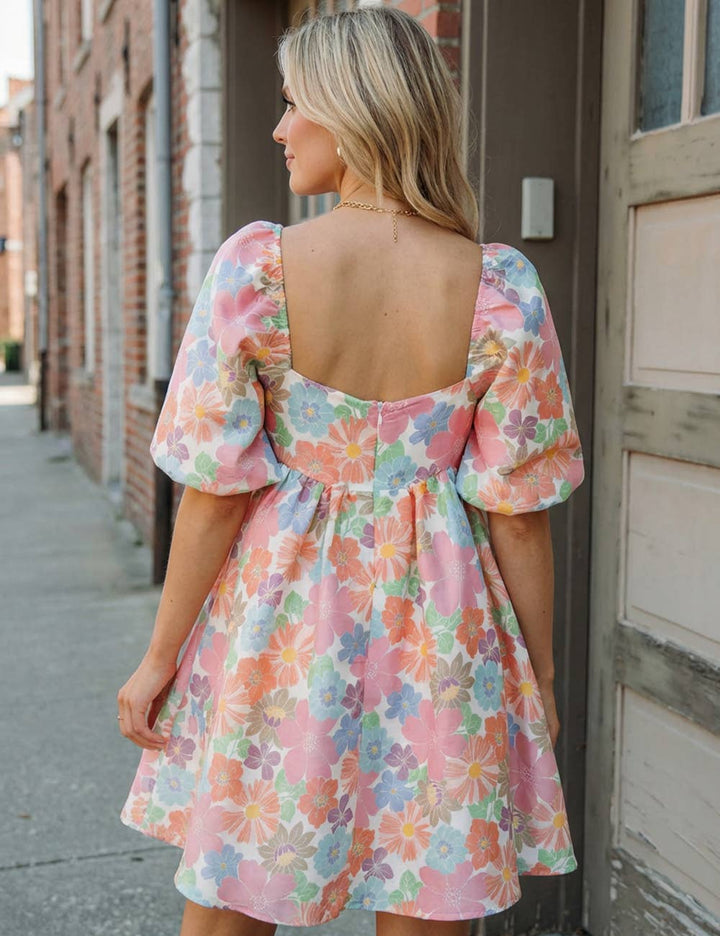 Floral Square Neck Puff Sleeve Babydoll Dress