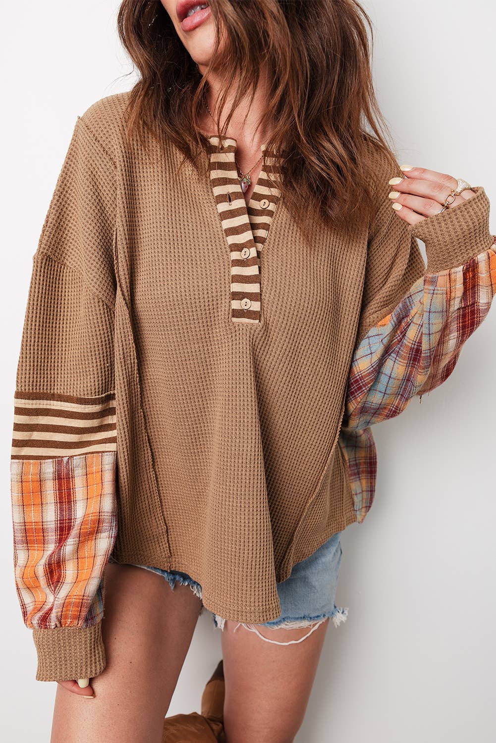 1 the Woman - Waffle Stripe Plaid Patchwork Henley Knit Top S-4X