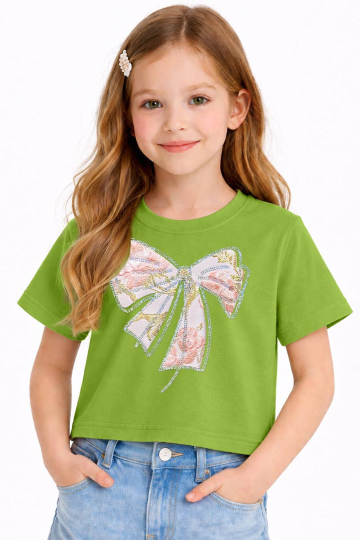 Girls Crop Tee w/ Bow Patch &amp; Rhinestone