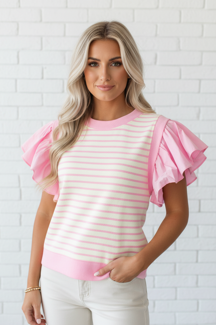 PRETTY BASH - Stripe Patchwork Ruffle Short Sleeve Blouse