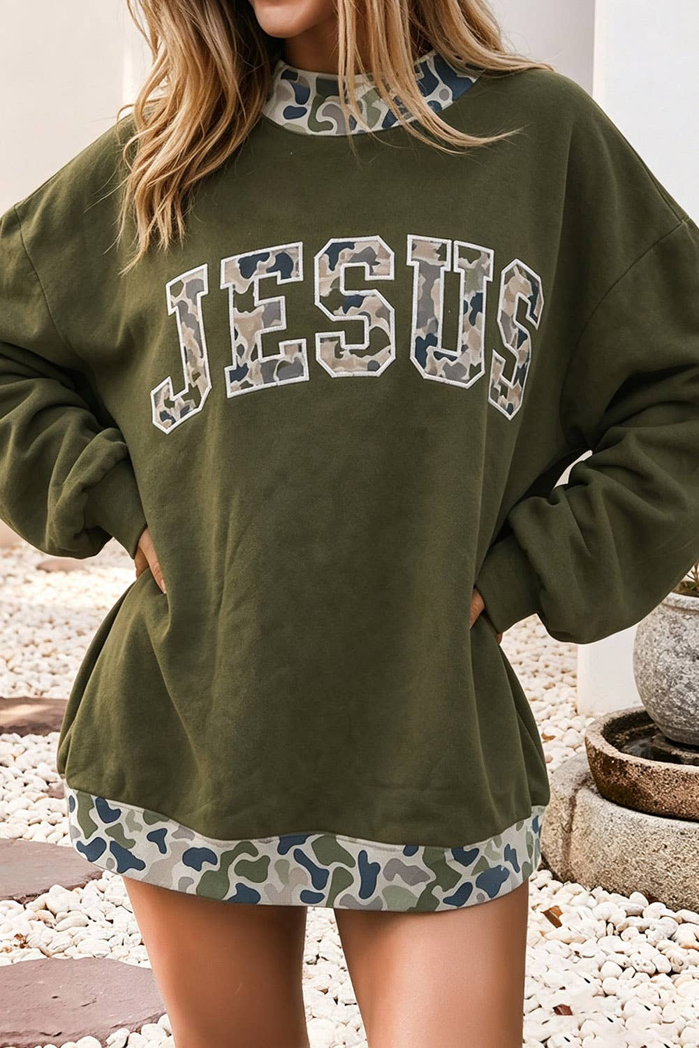 Little Daisy Closet - NEW JESUS Camo Lettering Mock Neck Sweatshirt