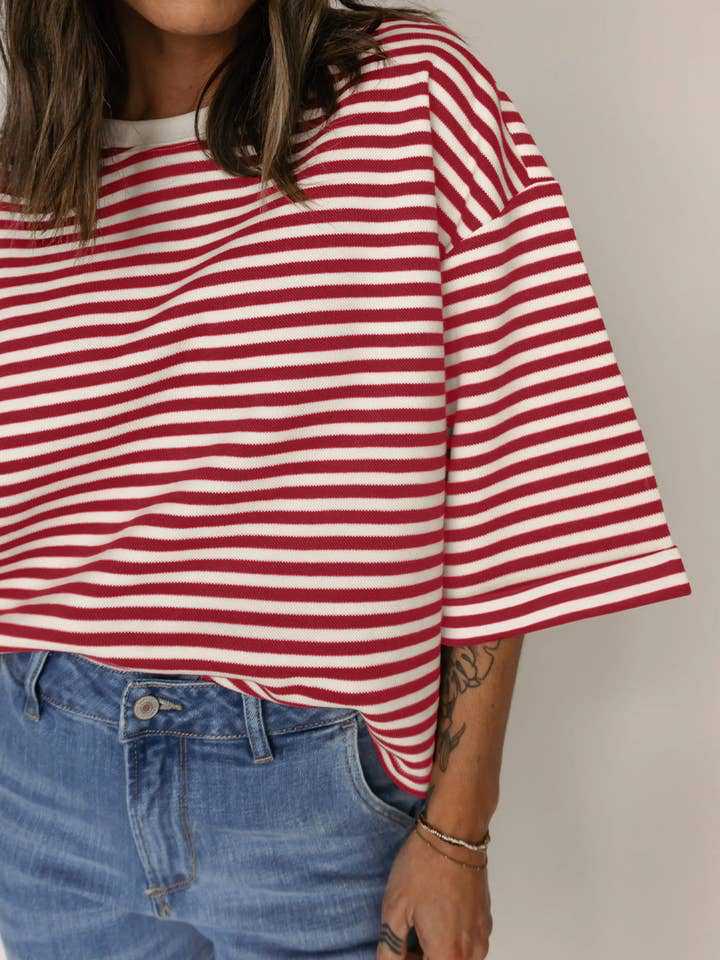 Pink Striped Knit Crew Neck Top with Back Bow Tie Detail