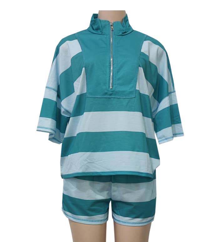 Rosa Clothing - Contrast Trim Half Zip Striped Top Casual Shorts 2pcs Set