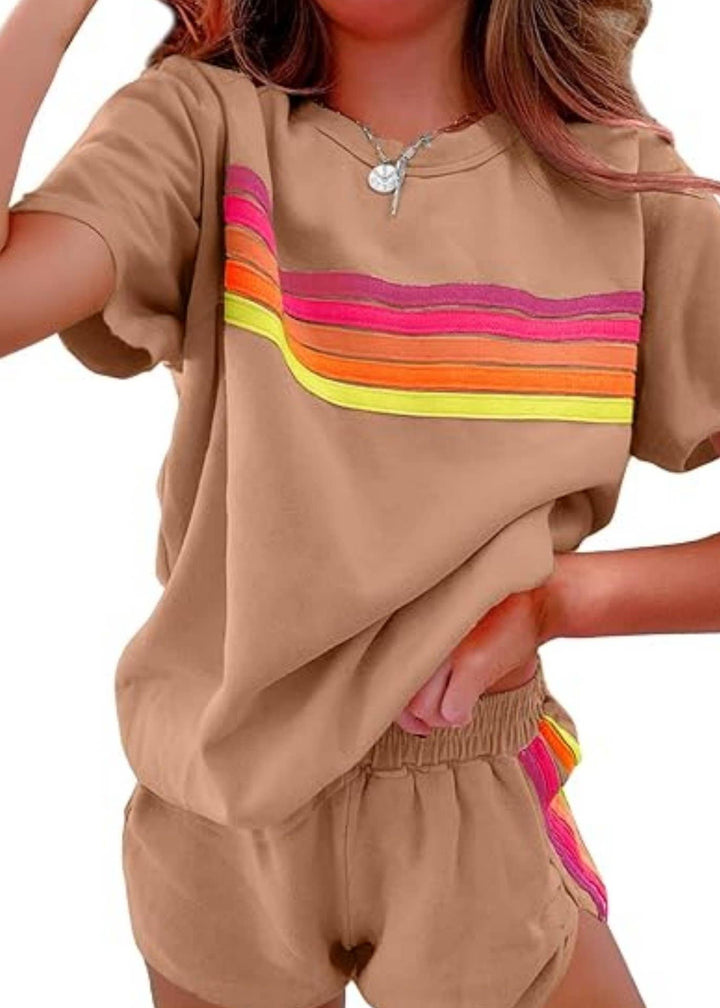 Rainbow Stripes crewneck short sleeve tee &amp; short resort set