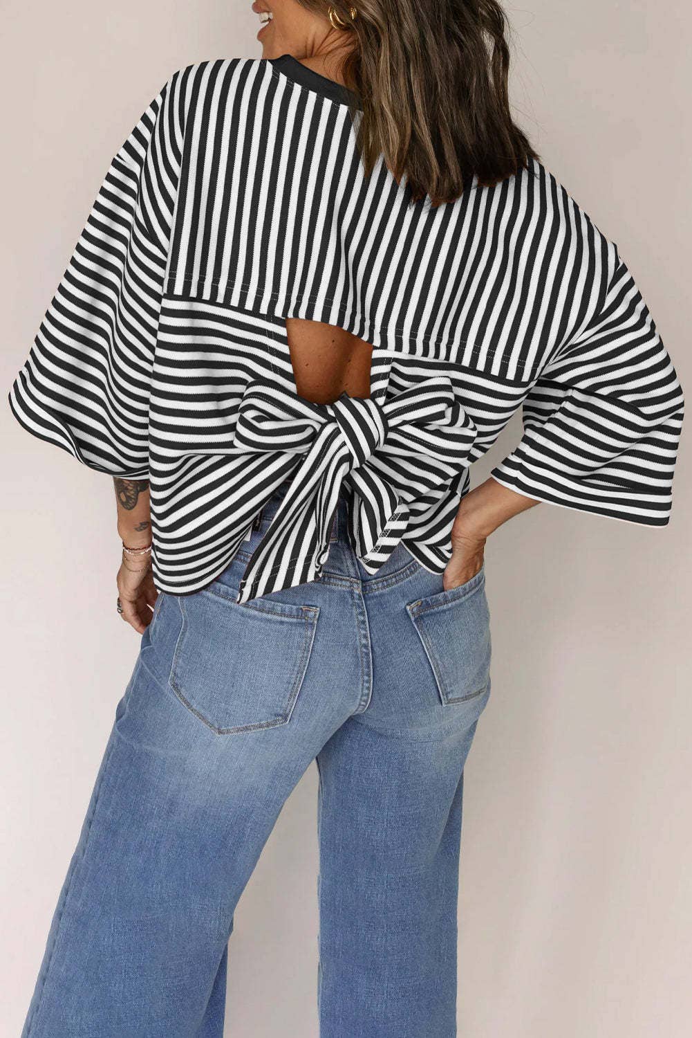 Pink Striped Knit Crew Neck Top with Back Bow Tie Detail