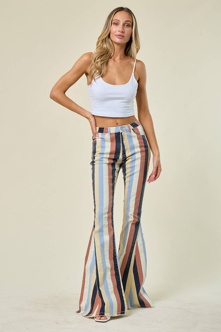 Saints &amp; Hearts - SIP6145A YELLOW MULTI STRIPED WESTERN FLARED BOTTOMS
