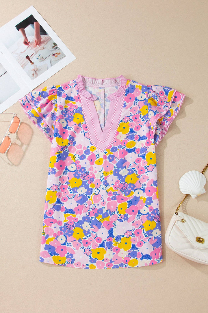 PRETTY BASH - PRETTY BASH Floral Colorblock Flutter Sleeve Blouse