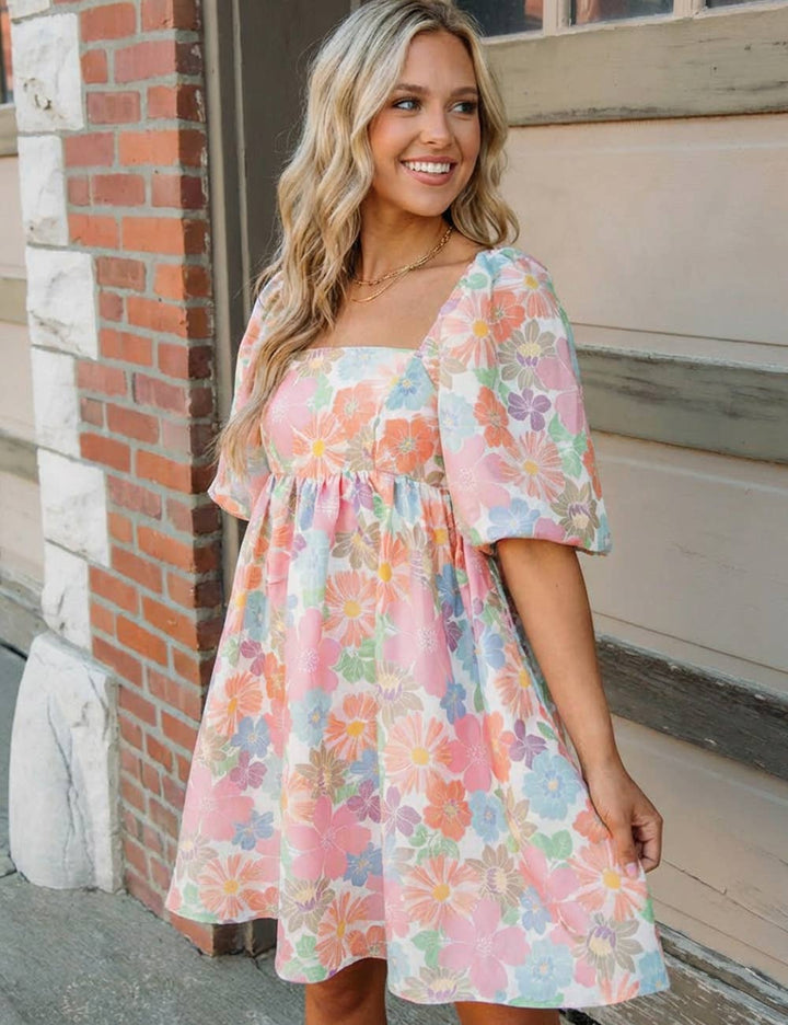 Floral Square Neck Puff Sleeve Babydoll Dress