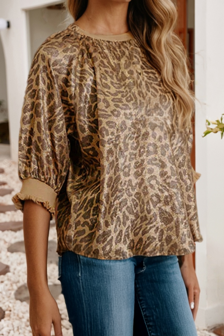 Little Daisy Closet - LDC Leopard Print Color Block Patchwork Half Sleeve Blouse