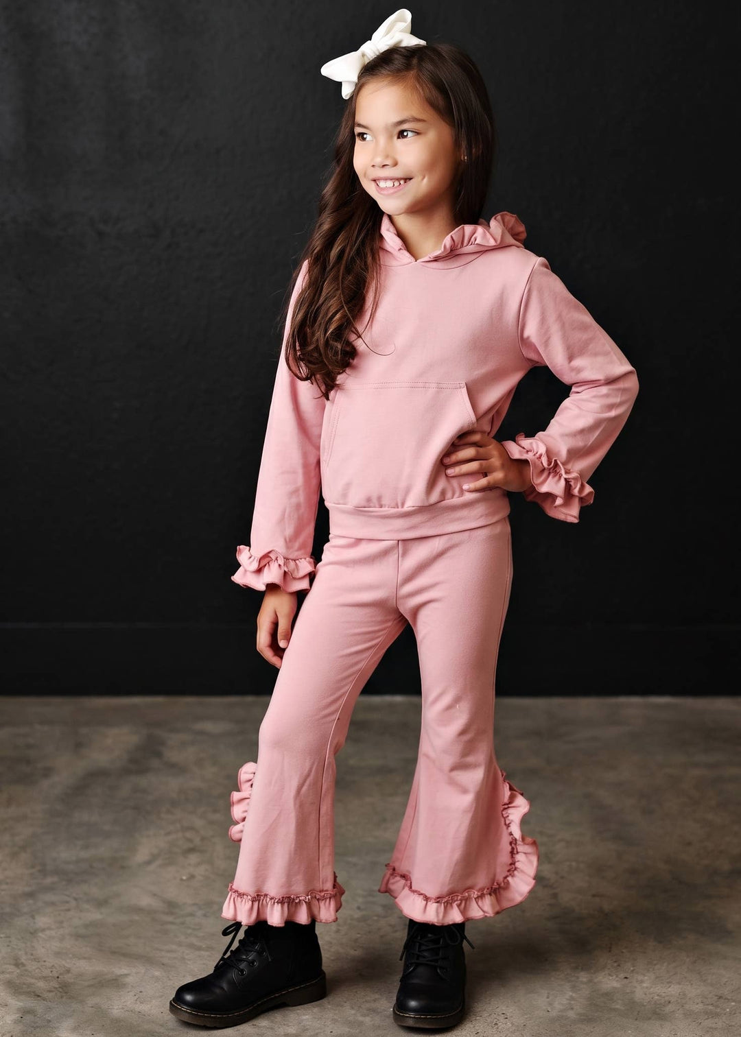 Kids Dusty Pink Hooded Ruffle Pocket Fall Winter Lounge Set