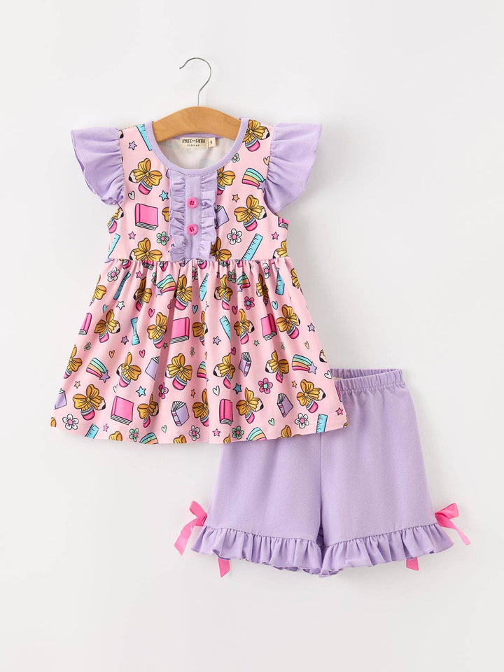 Back To School Crayon Bow Girls Ruffle Shorts Set