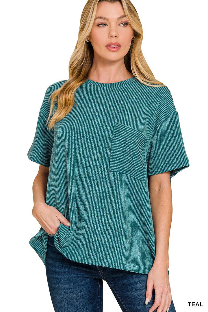 42POPS - Corded Rib Short Sleeve Front Pocket Top