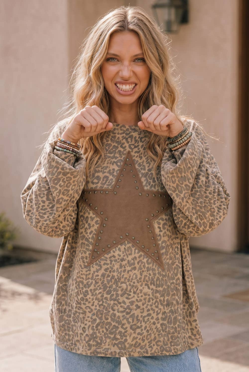 Kori America - Leopard Print Star Patch Oversized Pullover