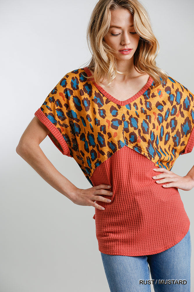 UMGEE Animal Print and Waffle Knit Round Hem Top