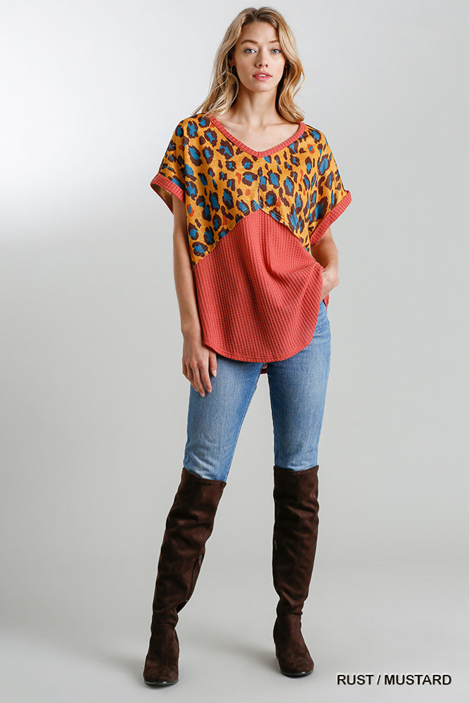 UMGEE Animal Print and Waffle Knit Round Hem Top