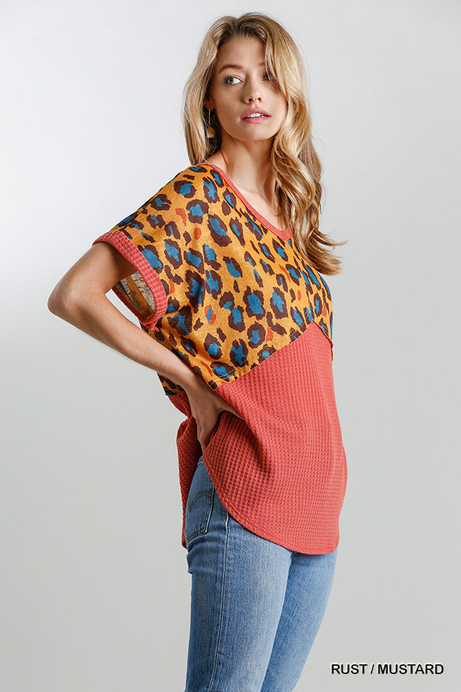 UMGEE Animal Print and Waffle Knit Round Hem Top