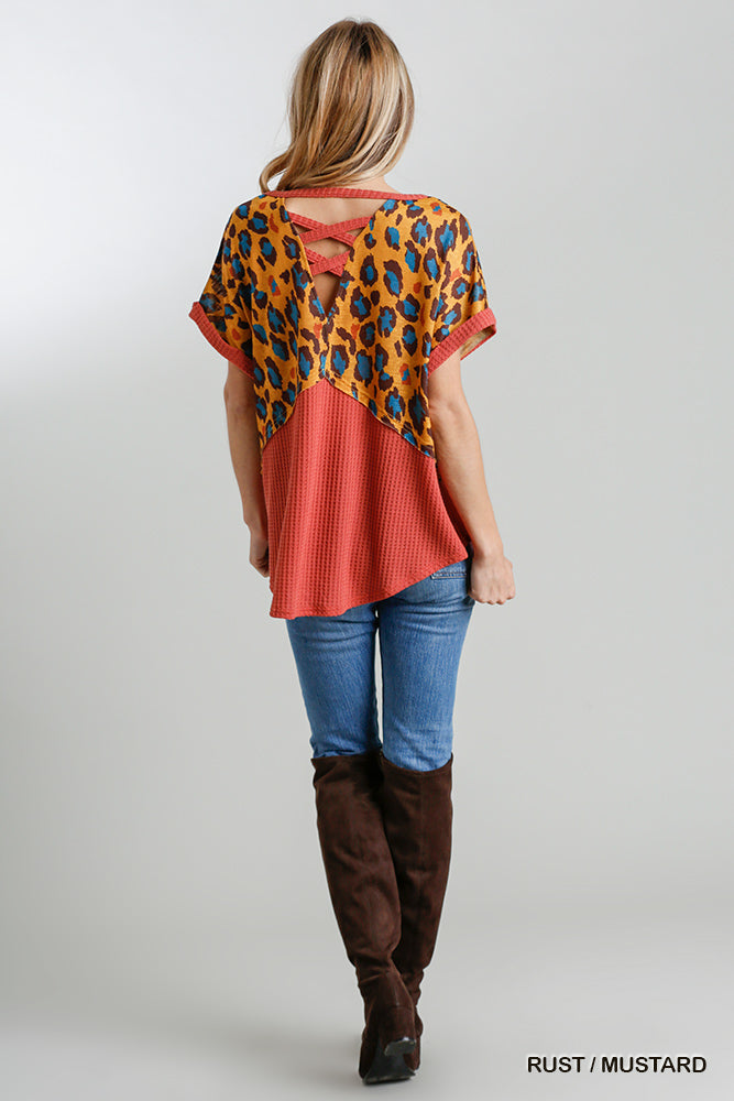 UMGEE Animal Print and Waffle Knit Round Hem Top