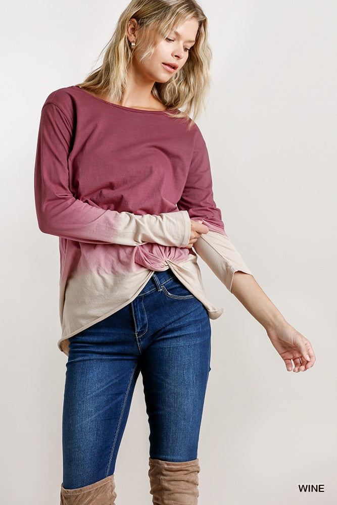 UMGEE Ombre Print Long Sleeve Top with Gathered Front Detail and Raw Hem