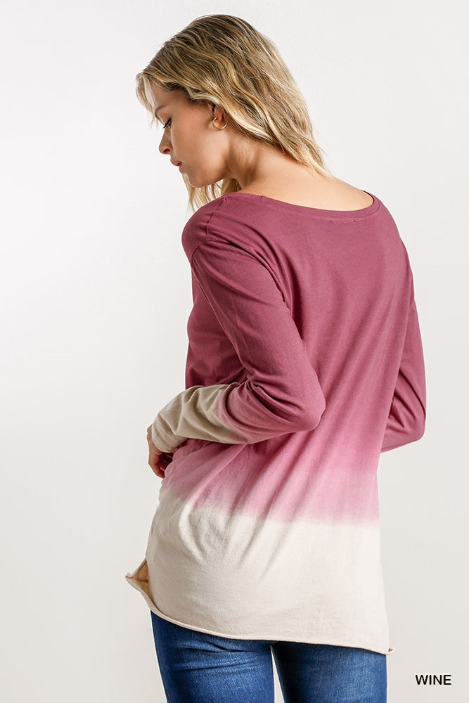 UMGEE Ombre Print Long Sleeve Top with Gathered Front Detail and Raw Hem