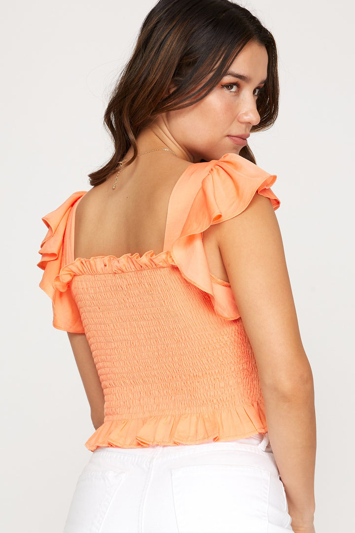 RUFFLED SHORT SLEEVE WOVEN SMOCKED TOP WITH FRONT ADJUSTABLE DRAWSTRING