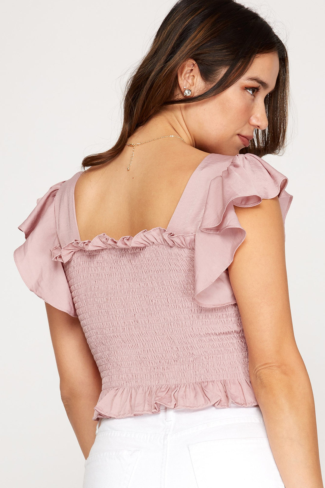 RUFFLED SHORT SLEEVE WOVEN SMOCKED TOP WITH FRONT ADJUSTABLE DRAWSTRING