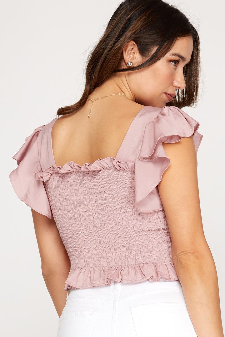 RUFFLED SHORT SLEEVE WOVEN SMOCKED TOP WITH FRONT ADJUSTABLE DRAWSTRING