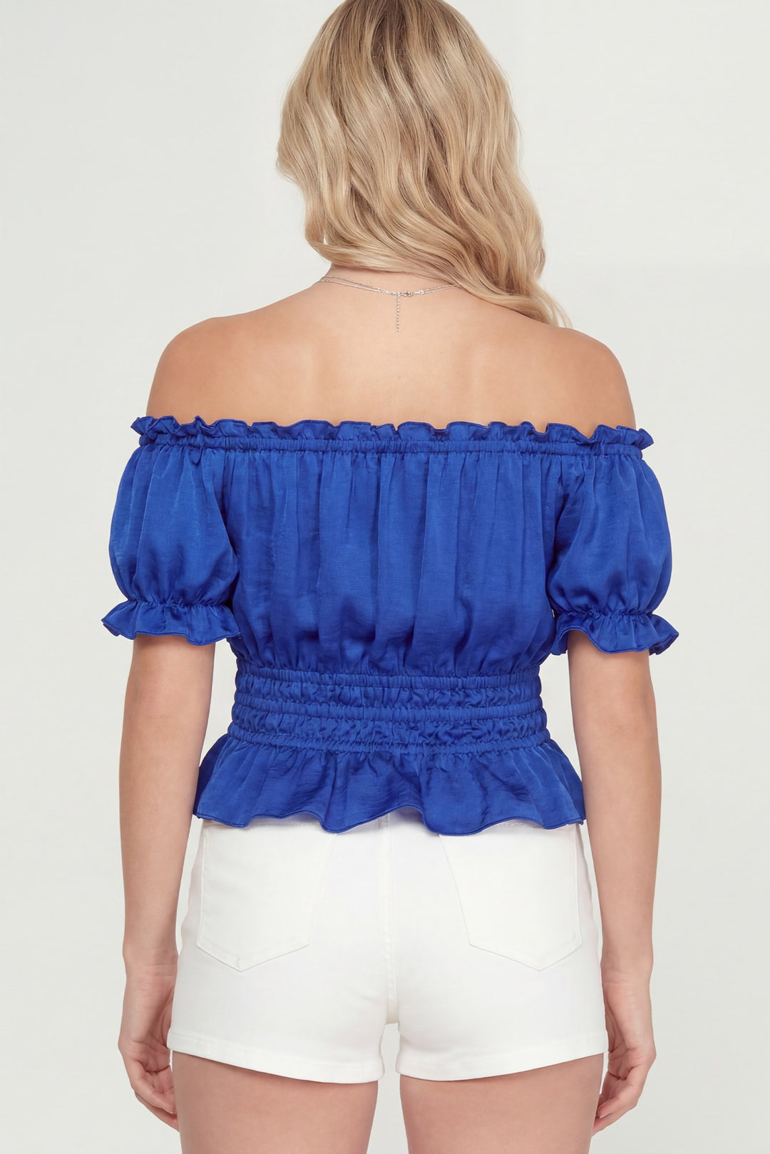 SHORT SLEEVE OFF THE SHOULDER SATIN TOP WITH SMOCKED WAISTBAND