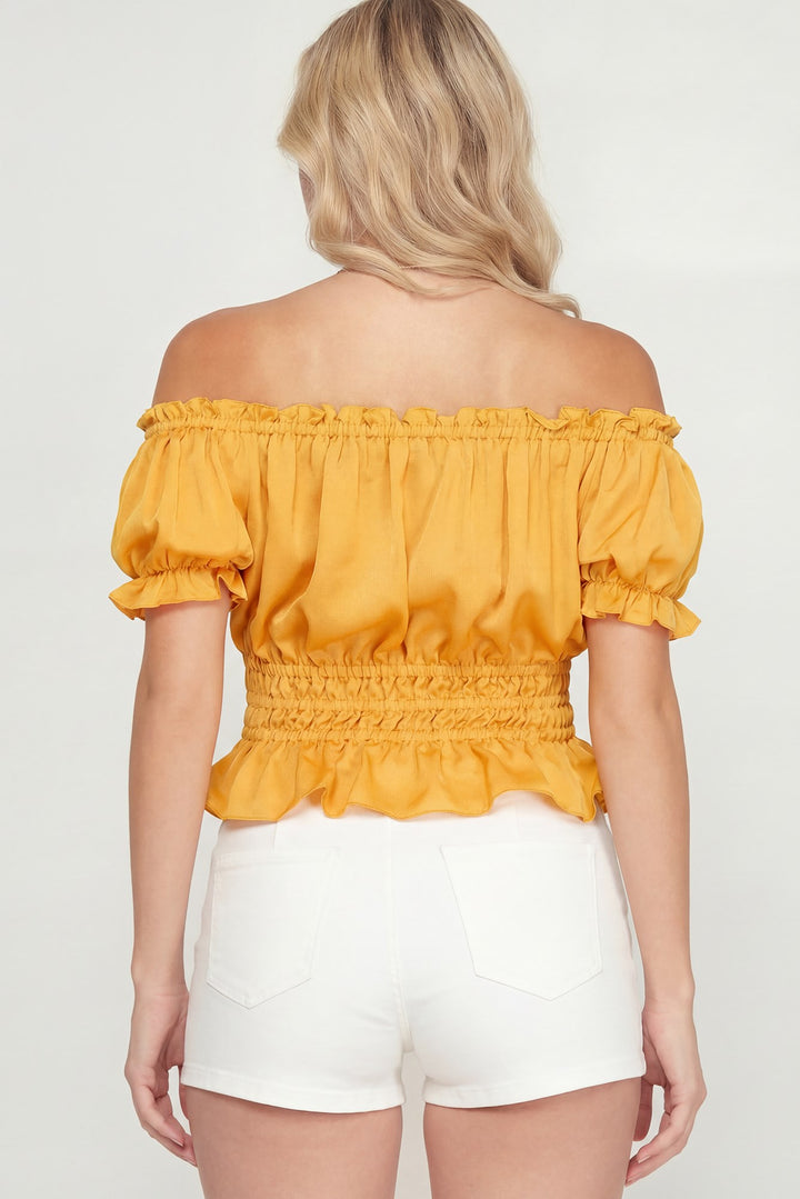 SHORT SLEEVE OFF THE SHOULDER SATIN TOP WITH SMOCKED WAISTBAND