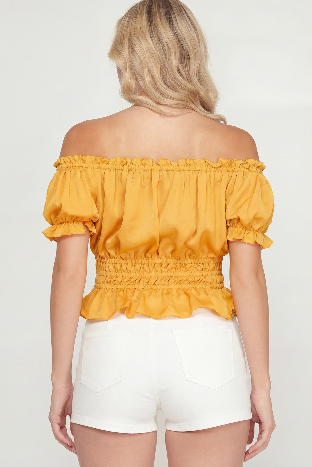 SHORT SLEEVE OFF THE SHOULDER SATIN TOP WITH SMOCKED WAISTBAND