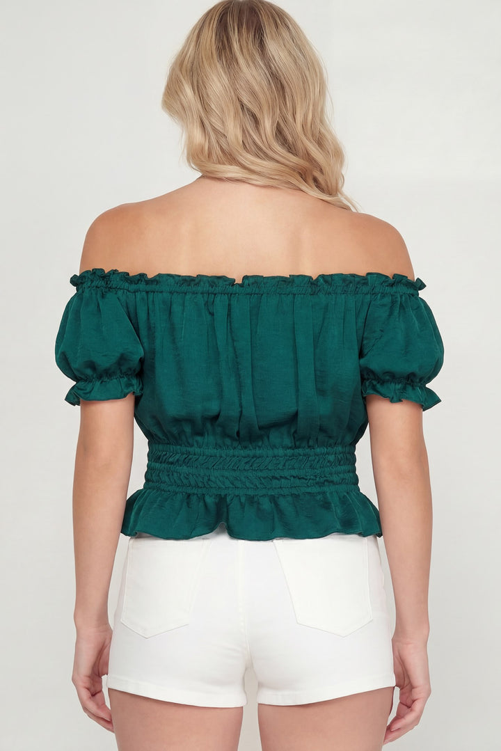 SHORT SLEEVE OFF THE SHOULDER SATIN TOP WITH SMOCKED WAISTBAND