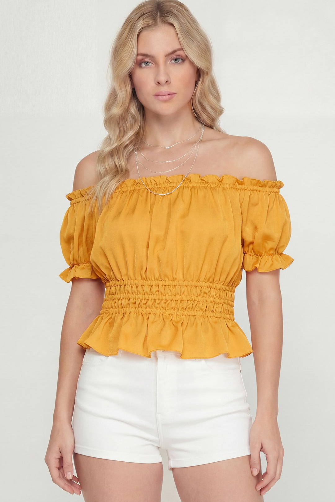 SHORT SLEEVE OFF THE SHOULDER SATIN TOP WITH SMOCKED WAISTBAND